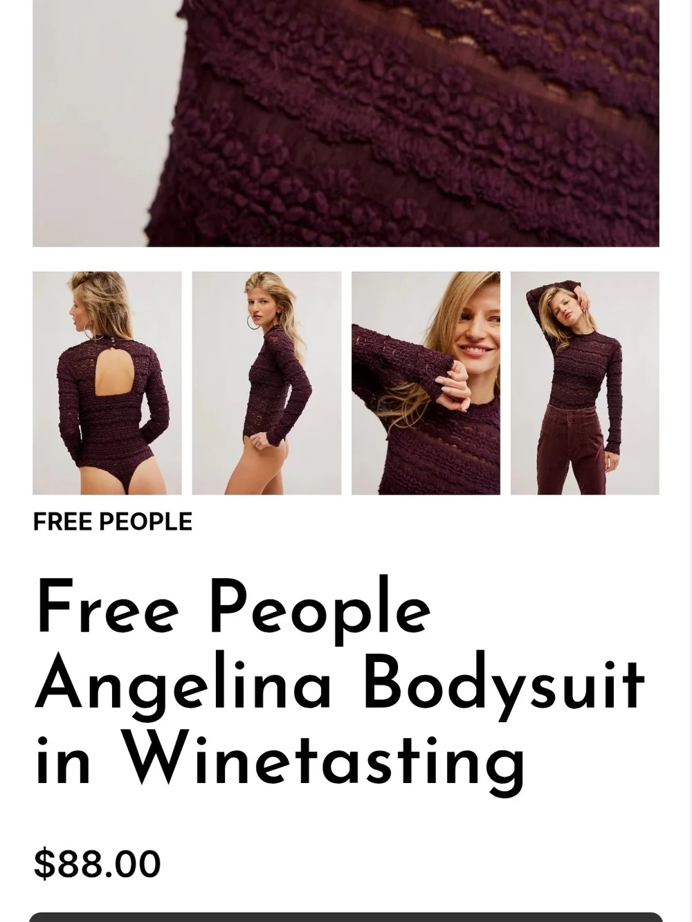Free People Angelina Bodysuit in Winetasting Sz Med